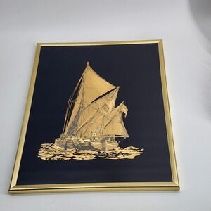 80s Gold Foil Art Etching Sailboat Schooner Ship Sea Picture Framed 14 x 11